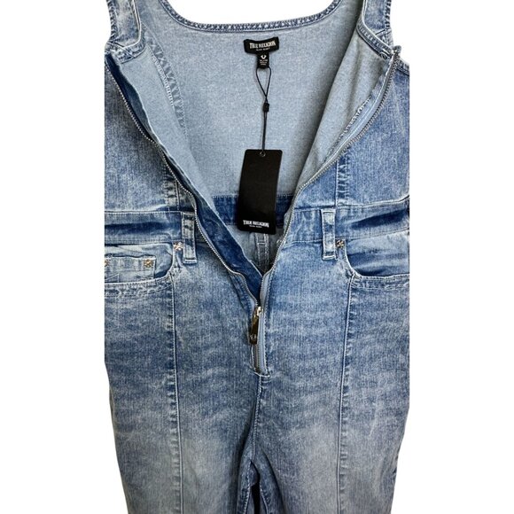 True Religion Denim Jumpsuit Womens XL Blue Front Zip Slit Distressed Overalls - Picture 8 of 14